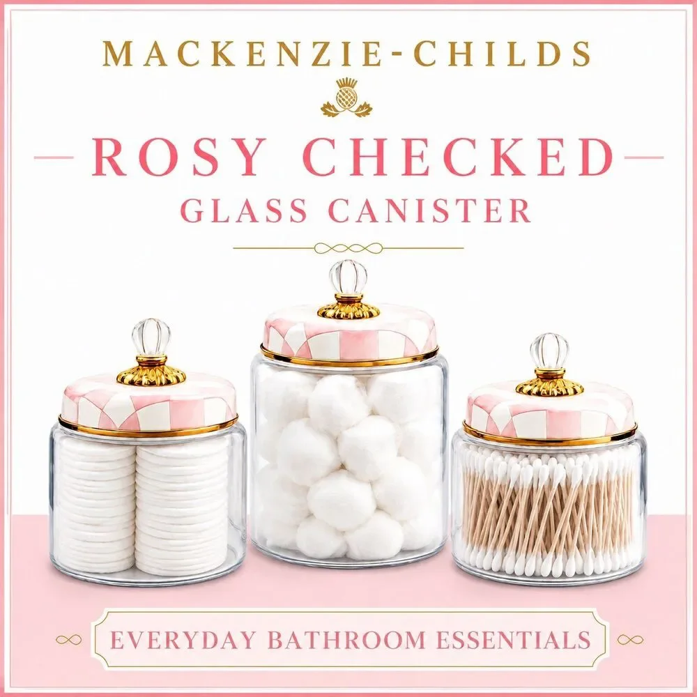 Mackenzie Childs Large Rosy Check Pink and White Glass Canister New